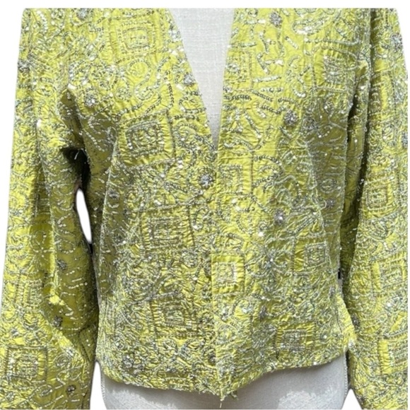 🌻Chicos Green Silk Silver Metallic Sequins Embroidered Open Front Jacket Blazer - Picture 3 of 8
